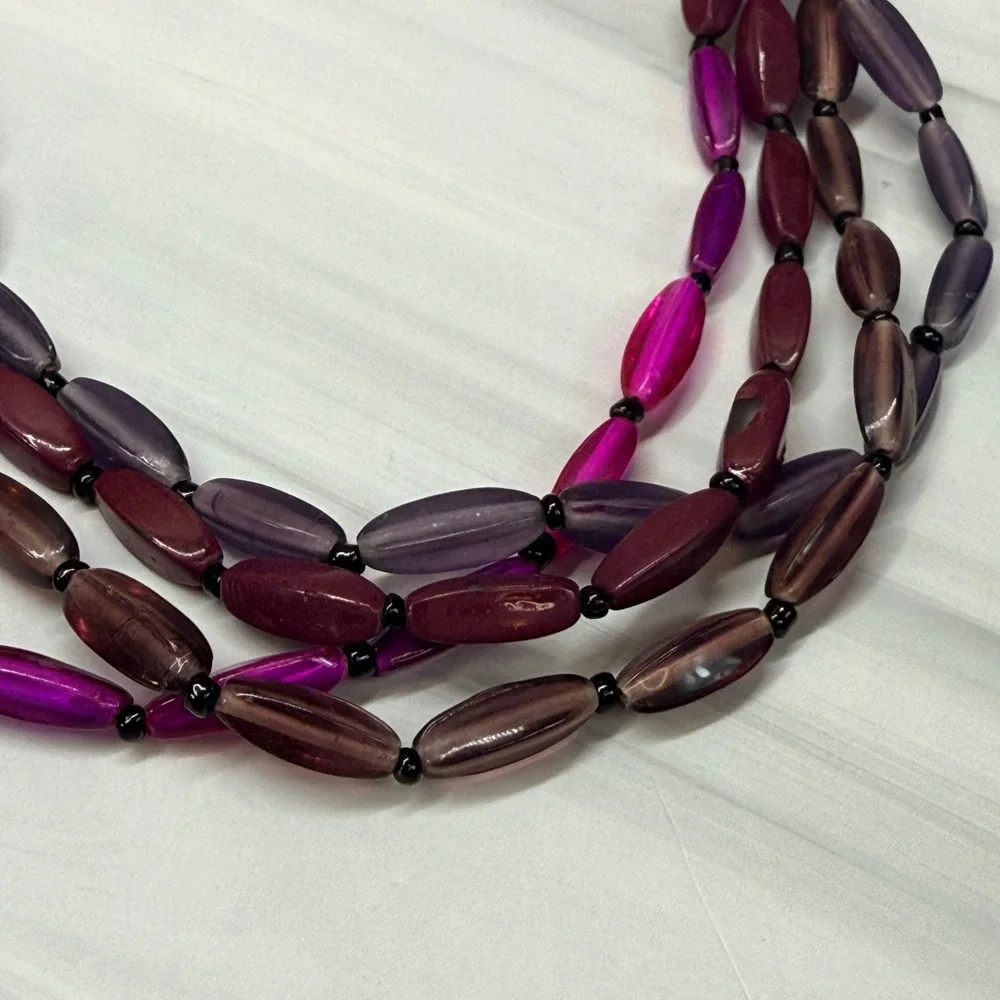 Premier Designs Purple Beaded Four Strand Layered Necklace Gunmetal Tone Clasp